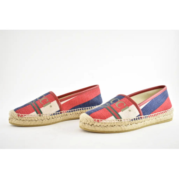 Gucci Sylvie Canvas Leather Red White Blue Logo Stripe Flat Espadrille 34.5 - Picture 9 of 11